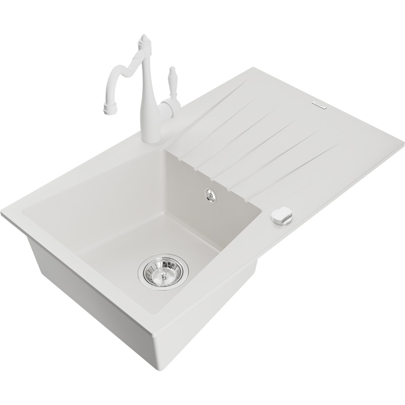 Mexen Cesar granite kitchen sink 1-bowl with drainer and kitchen faucet Carla, white - 6514-20-670700-20