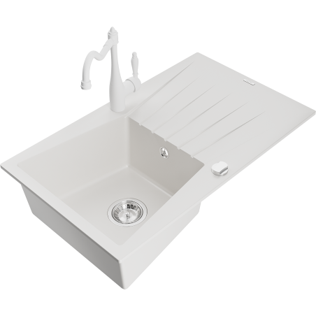 Mexen Cesar 1-bowl granite sink with drainer and Carla kitchen faucet, white - 6514-20-670700-20