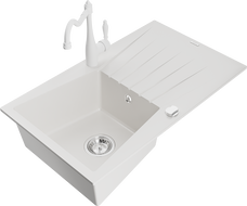Mexen Cesar 1-bowl granite sink with drainer and Carla kitchen faucet, white - 6514-20-670700-20