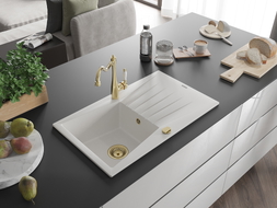 Mexen Cesar 1-bowl granite sink with drainer and kitchen faucet Carla, white - 6514-20-670700-50