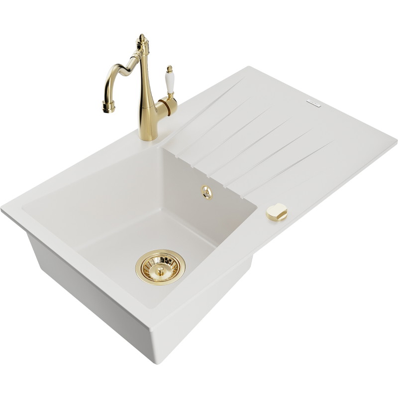 Mexen Cesar 1-bowl granite sink with drainer and kitchen faucet Carla, white - 6514-20-670700-50