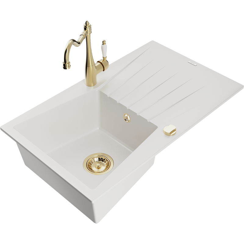 Mexen Cesar 1-compartment granite sink with a drip tray and kitchen mixer tap Carla, White - 6514-20-670700-50