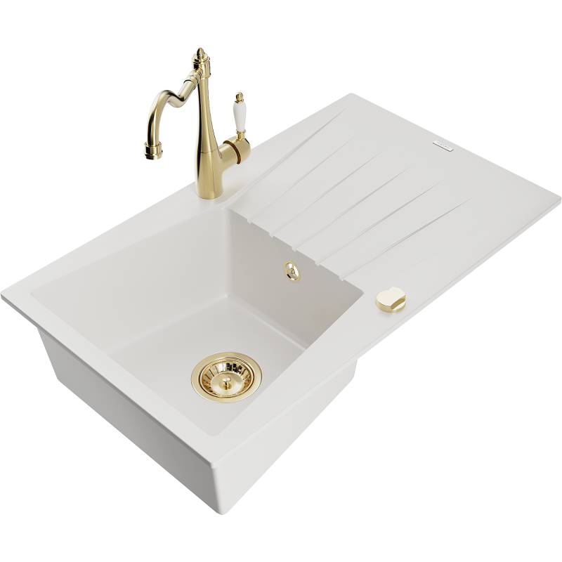 Mexen Cesar granite kitchen sink 1-bowl with drainer and Carla kitchen tap, white - 6514-20-670700-50