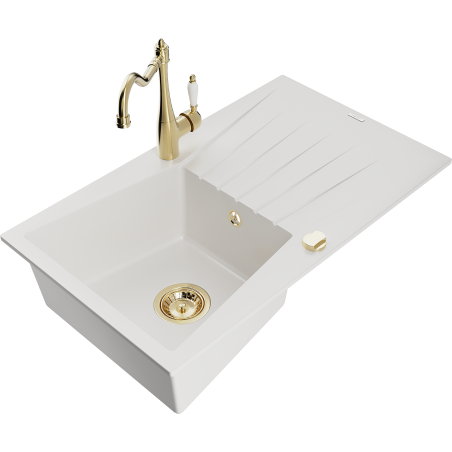 Mexen Cesar granite kitchen sink 1-bowl with drainer and Carla kitchen tap, white - 6514-20-670700-50