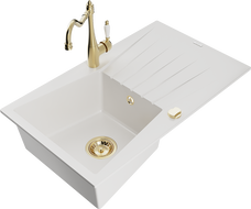 Mexen Cesar granite kitchen sink 1-bowl with drainer and Carla kitchen tap, white - 6514-20-670700-50