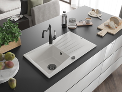 Mexen Cesar 1-compartment granite sink with a drip tray and kitchen mixer tap Carla, White - 6514-20-670700-70