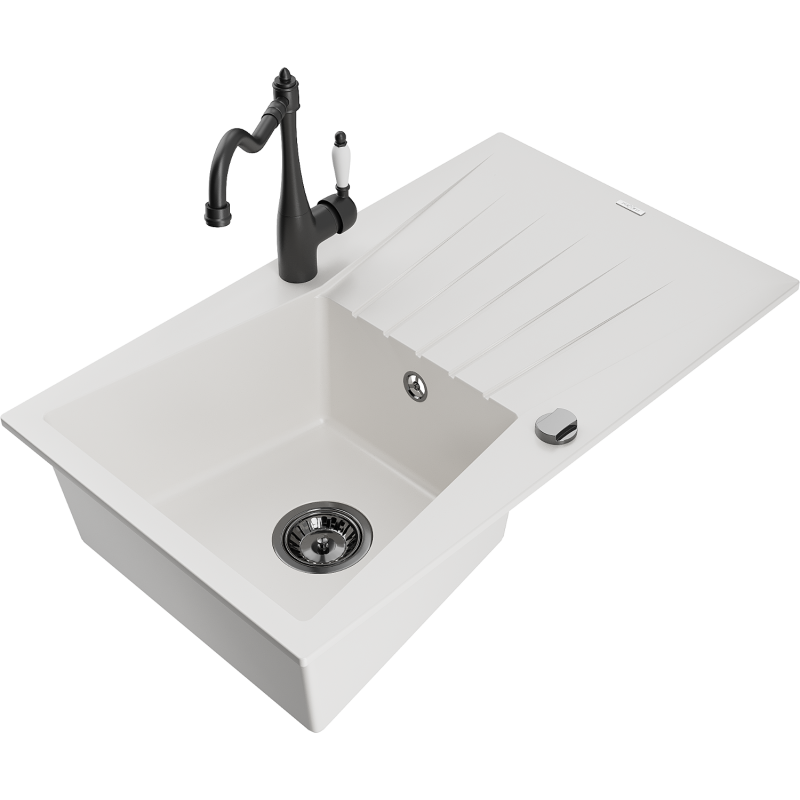 Mexen Cesar 1-bowl granite sink with drainer and Carla kitchen tap, white - 6514-20-670700-70