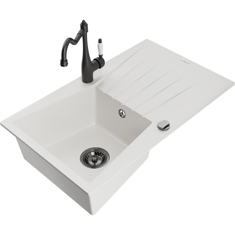 Mexen Cesar 1-bowl granite sink with drainer and kitchen faucet Carla, white - 6514-20-670700-70