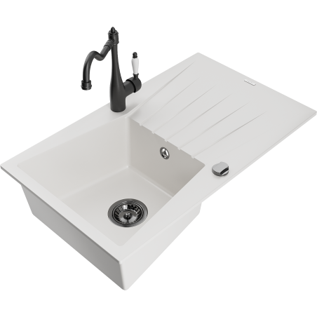 Mexen Cesar 1-bowl granite sink with drainer and kitchen faucet Carla, white - 6514-20-670700-70