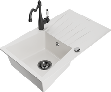 Mexen Cesar granite sink 1-bowl with drainer and kitchen faucet Carla, white - 6514-20-670700-70