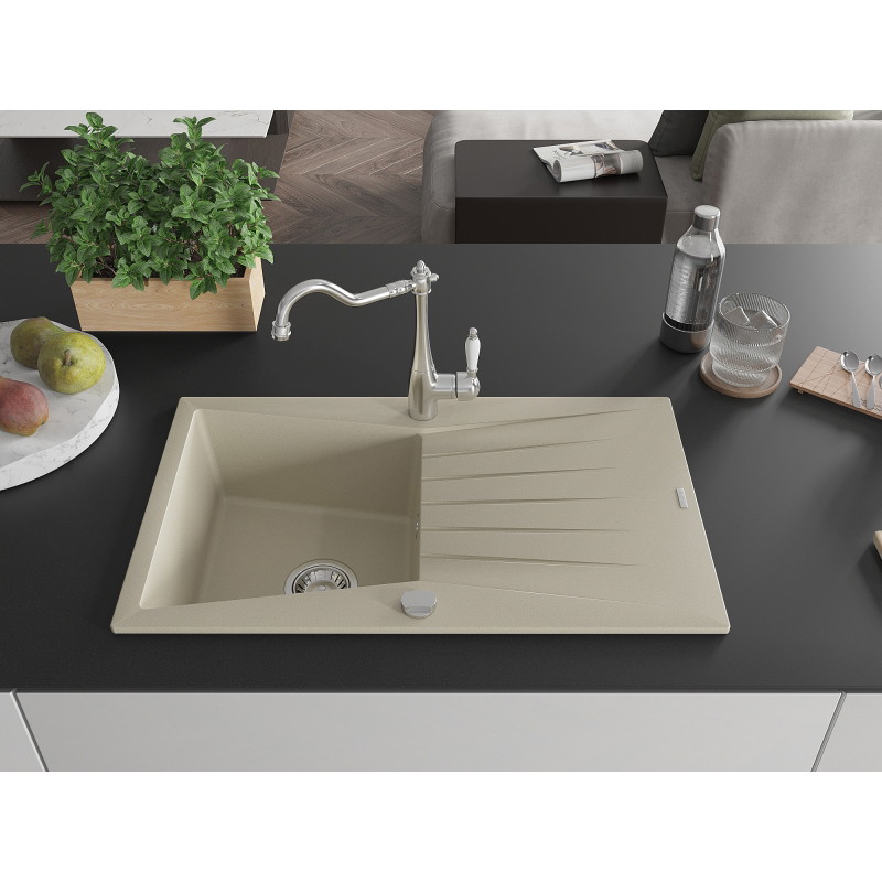 Mexen Cesar granite sink 1-bowl with drainer and kitchen faucet Carla, beige - 6514-69-670700-00