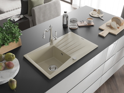 Mexen Cesar granite kitchen sink with 1 basin, drainer, and faucet Carla, beige - 6514-69-670700-00