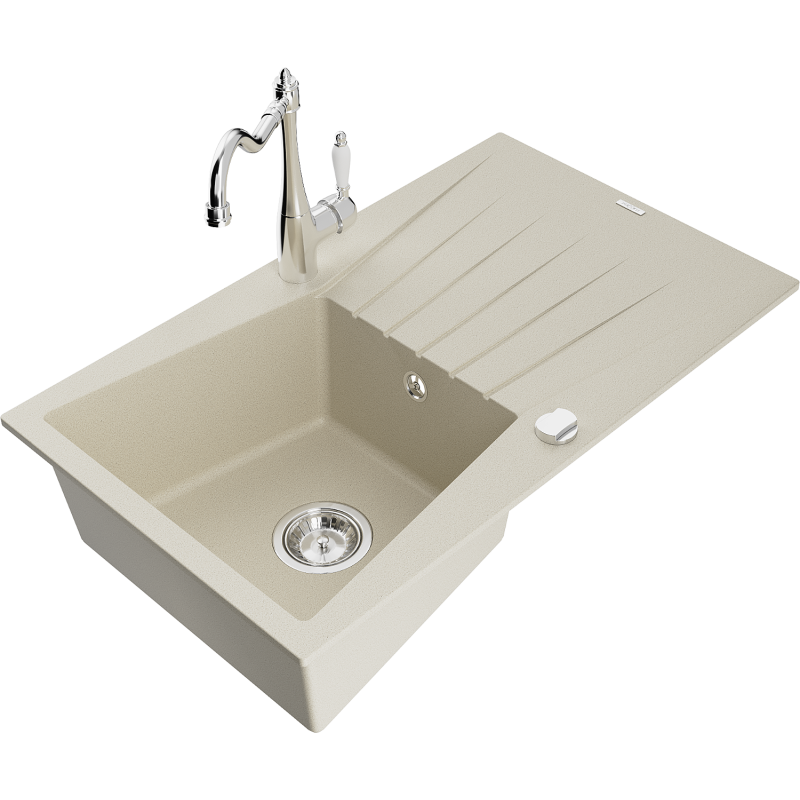 Mexen Cesar 1-compartment granite sink with a drip tray and kitchen mixer tap Carla, Beige - 6514-69-670700-00