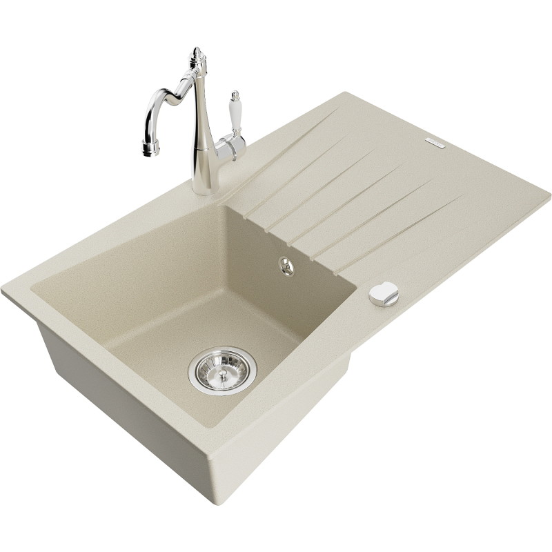 Mexen Cesar granite sink 1-bowl with drainer and kitchen faucet Carla, beige - 6514-69-670700-00