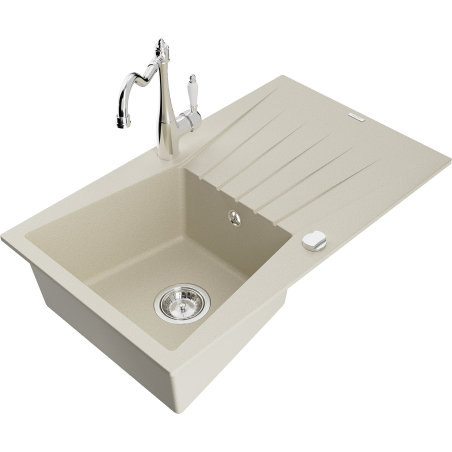 Mexen Cesar 1-Bowl Granite Kitchen Sink with Drainer and Carla Tap, Beige - 6514-69-670700-00