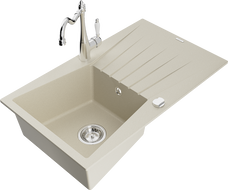 Mexen Cesar 1-compartment granite sink with a drip tray and kitchen mixer tap Carla, Beige - 6514-69-670700-00