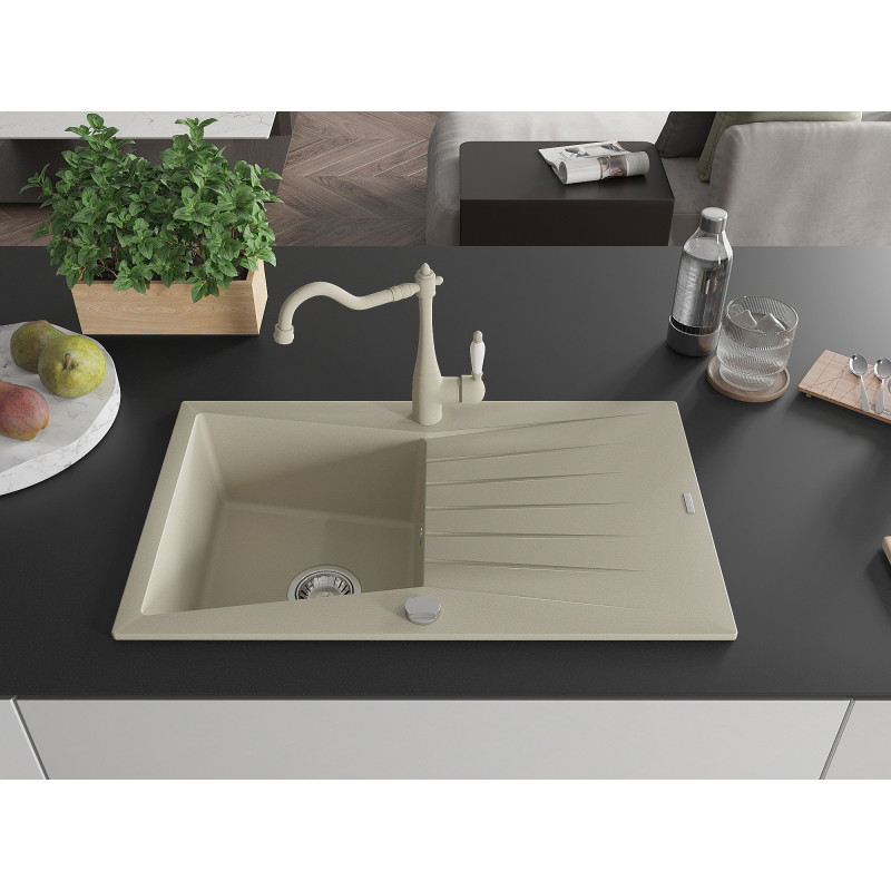 Mexen Cesar 1-Bowl Granite Sink with Drainer and Carla Kitchen Faucet, Beige - 6514-69-670700-69