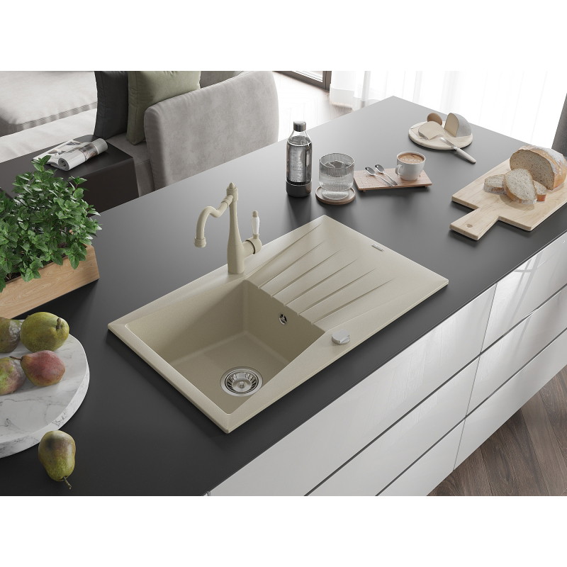 Mexen Cesar granite kitchen sink with 1-bowl and drainer and kitchen faucet Carla, beige - 6514-69-670700-69