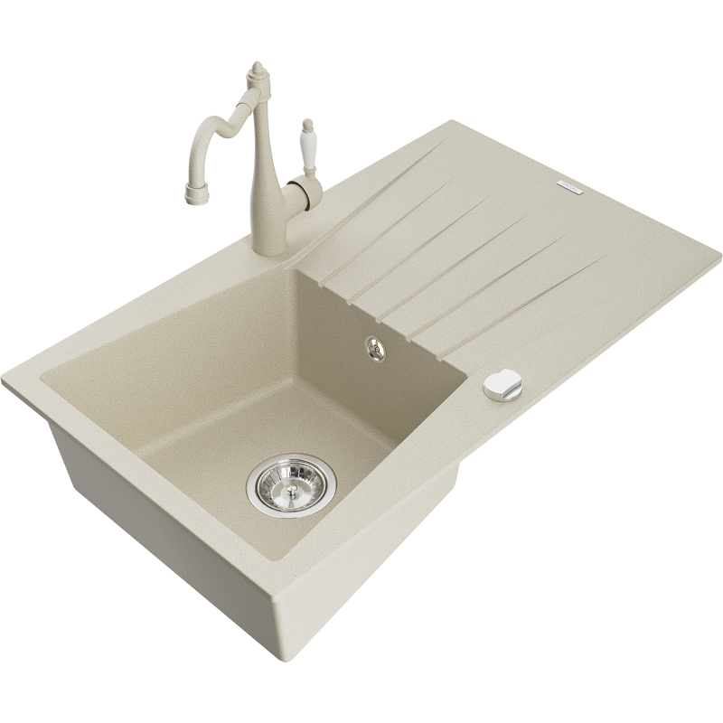 Mexen Cesar 1-bowl granite sink with drainer and Carla kitchen tap, beige - 6514-69-670700-69