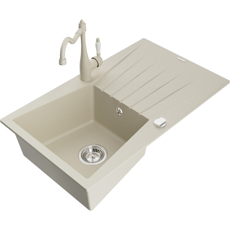 Mexen Cesar granite kitchen sink with 1-bowl and drainer and kitchen faucet Carla, beige - 6514-69-670700-69
