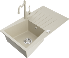 Mexen Cesar 1-Bowl Granite Sink with Drainer and Carla Kitchen Faucet, Beige - 6514-69-670700-69