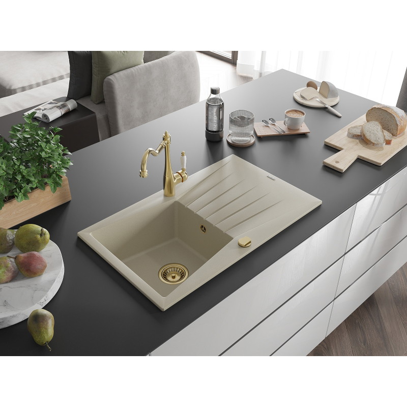 Mexen Cesar granit sink 1-bowl with drainer and kitchen faucet Carla, beige - 6514-69-670700-50