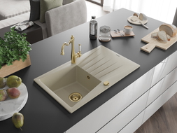 Mexen Cesar granit sink 1-bowl with drainer and kitchen faucet Carla, beige - 6514-69-670700-50