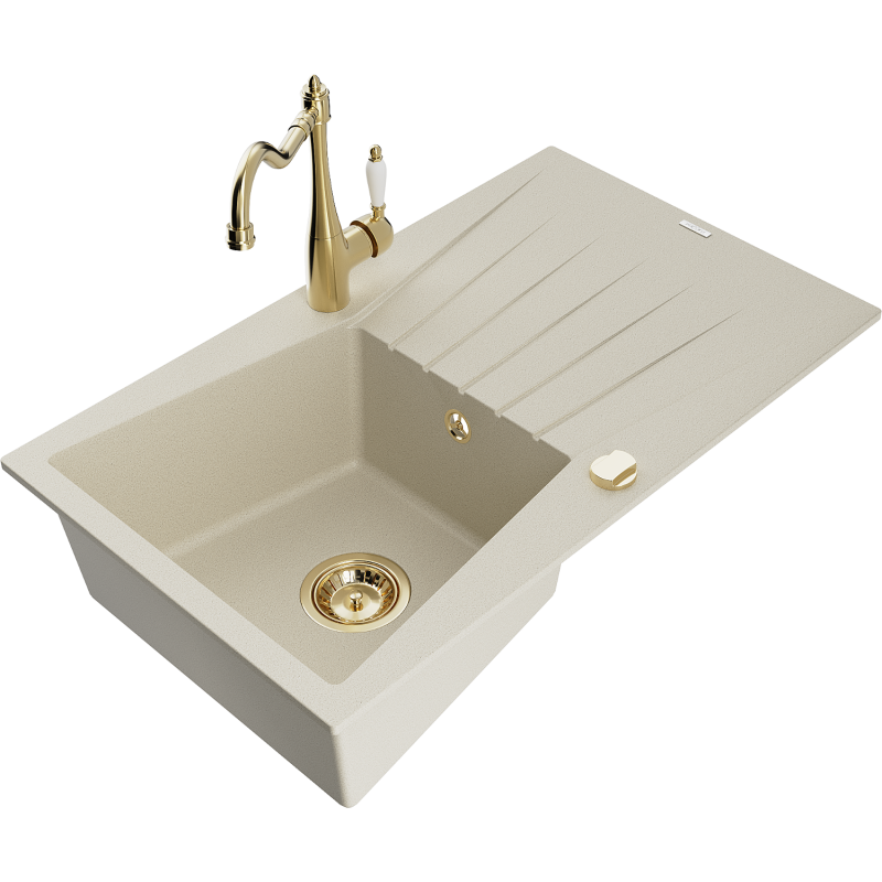 Mexen Cesar 1-compartment granite sink with a drip tray and kitchen mixer tap Carla, Beige - 6514-69-670700-50