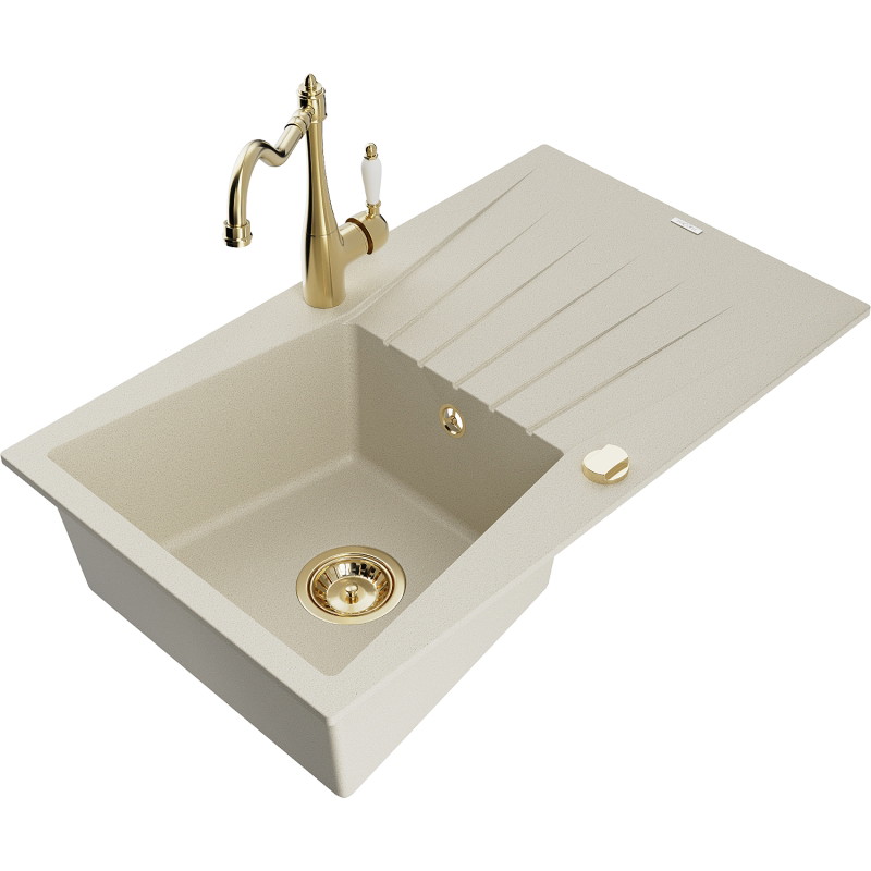 Mexen Cesar granite kitchen sink 1-bowl with drainer and kitchen faucet Carla, beige - 6514-69-670700-50