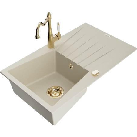 Mexen Cesar 1-compartment granite sink with a drip tray and kitchen mixer tap Carla, Beige - 6514-69-670700-50