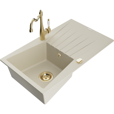 Mexen Cesar Granite Sink 1-Bowl with Drainer and Kitchen Tap Carla, Beige - 6514-69-670700-50