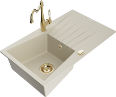 Mexen Cesar Granite Sink 1-Bowl with Drainer and Kitchen Tap Carla, Beige - 6514-69-670700-50