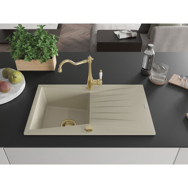 Mexen Cesar Granite Sink 1-Bowl with Drainer and Kitchen Tap Carla, Beige - 6514-69-670700-50