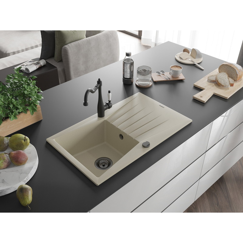 Mexen Cesar granite sink 1-bowl with drainer and Carla kitchen faucet, beige - 6514-69-670700-70