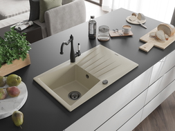 Mexen Cesar 1-compartment granite sink with a drip tray and kitchen mixer tap Carla, Beige - 6514-69-670700-70