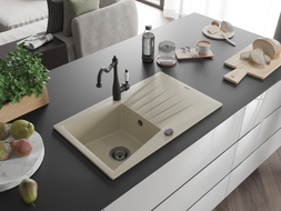 Mexen Cesar granit kitchen sink with 1 bowl, drainer, and Carla kitchen faucet, beige - 6514-69-670700-70