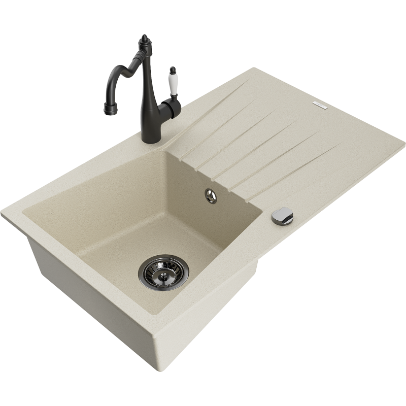 Mexen Cesar 1-bowl granite sink with drainer and Carla kitchen tap, beige - 6514-69-670700-70