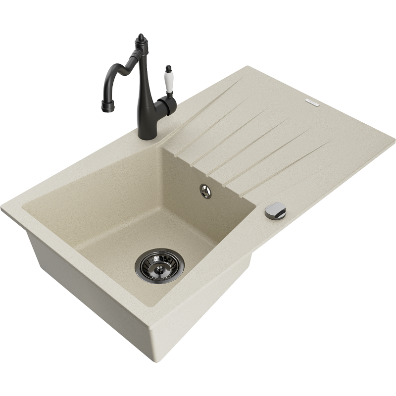 Mexen Cesar 1-compartment granite sink with a drip tray and kitchen mixer tap Carla, Beige - 6514-69-670700-70