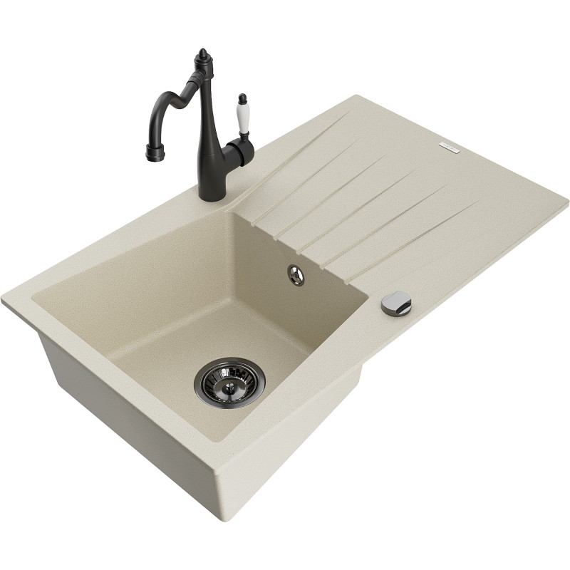 Mexen Cesar granit kitchen sink with 1 bowl, drainer, and Carla kitchen faucet, beige - 6514-69-670700-70
