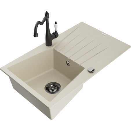 Mexen Cesar 1-bowl granite sink with drainer and Carla kitchen tap, beige - 6514-69-670700-70