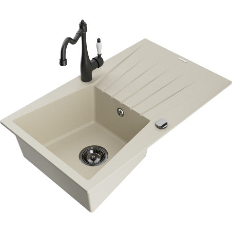 Mexen Cesar granite sink 1-bowl with drainer and Carla kitchen faucet, beige - 6514-69-670700-70