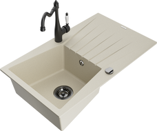 Mexen Cesar granit kitchen sink with 1 bowl, drainer, and Carla kitchen faucet, beige - 6514-69-670700-70