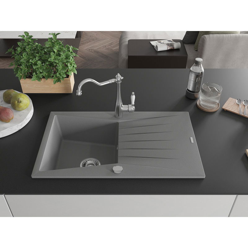 Mexen Cesar 1-bowl granite sink with drainer and Carla kitchen tap, grey - 6514-71-670700-00