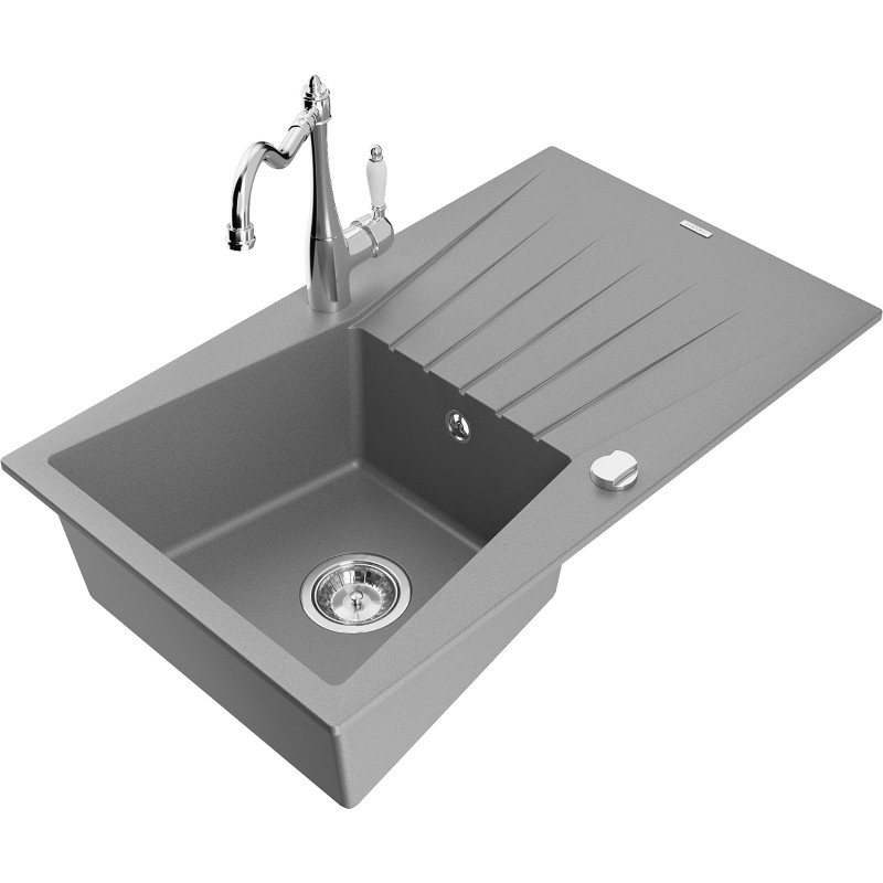 Mexen Cesar granite kitchen sink 1-bowl with drainer and kitchen faucet Carla, gray - 6514-71-670700-00