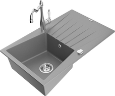 Mexen Cesar 1-compartment granite sink with a drip tray and kitchen mixer tap Carla, Grey - 6514-71-670700-00