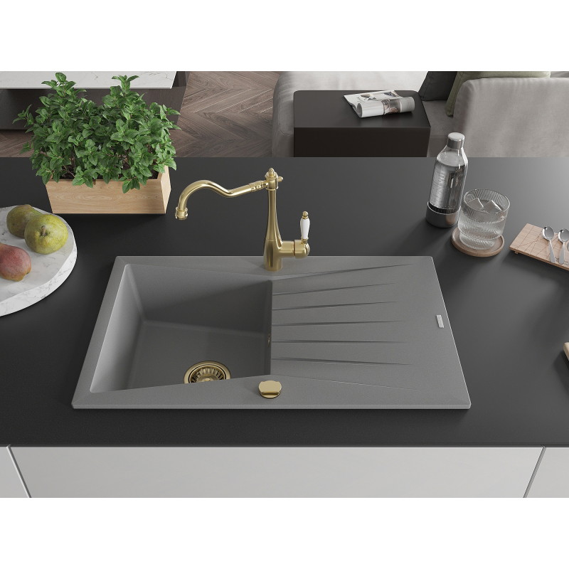 Mexen Cesar granite kitchen sink 1-bowl with drainer and kitchen faucet Carla, gray - 6514-71-670700-50