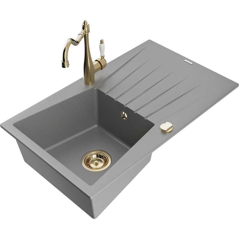 Mexen Cesar 1-compartment granite sink with a drip tray and kitchen mixer tap Carla, Grey - 6514-71-670700-50