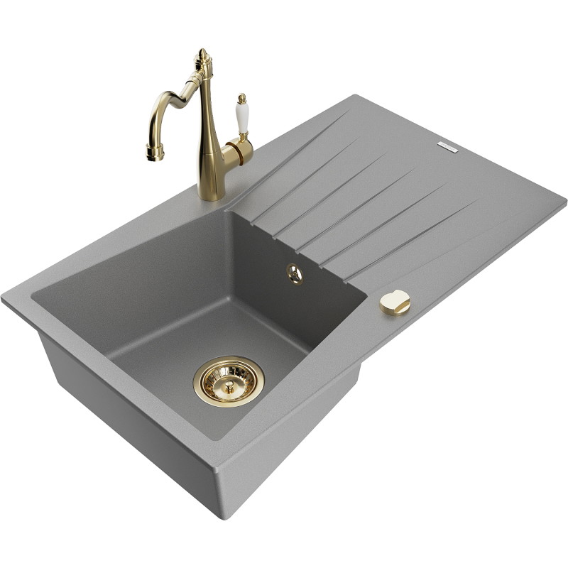 Mexen Cesar granite kitchen sink 1-bowl with drainer and kitchen faucet Carla, gray - 6514-71-670700-50