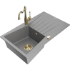 Mexen Cesar granite kitchen sink 1-bowl with drainer and Carla kitchen faucet, gray - 6514-71-670700-50