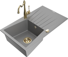 Mexen Cesar 1-compartment granite sink with a drip tray and kitchen mixer tap Carla, Grey - 6514-71-670700-50